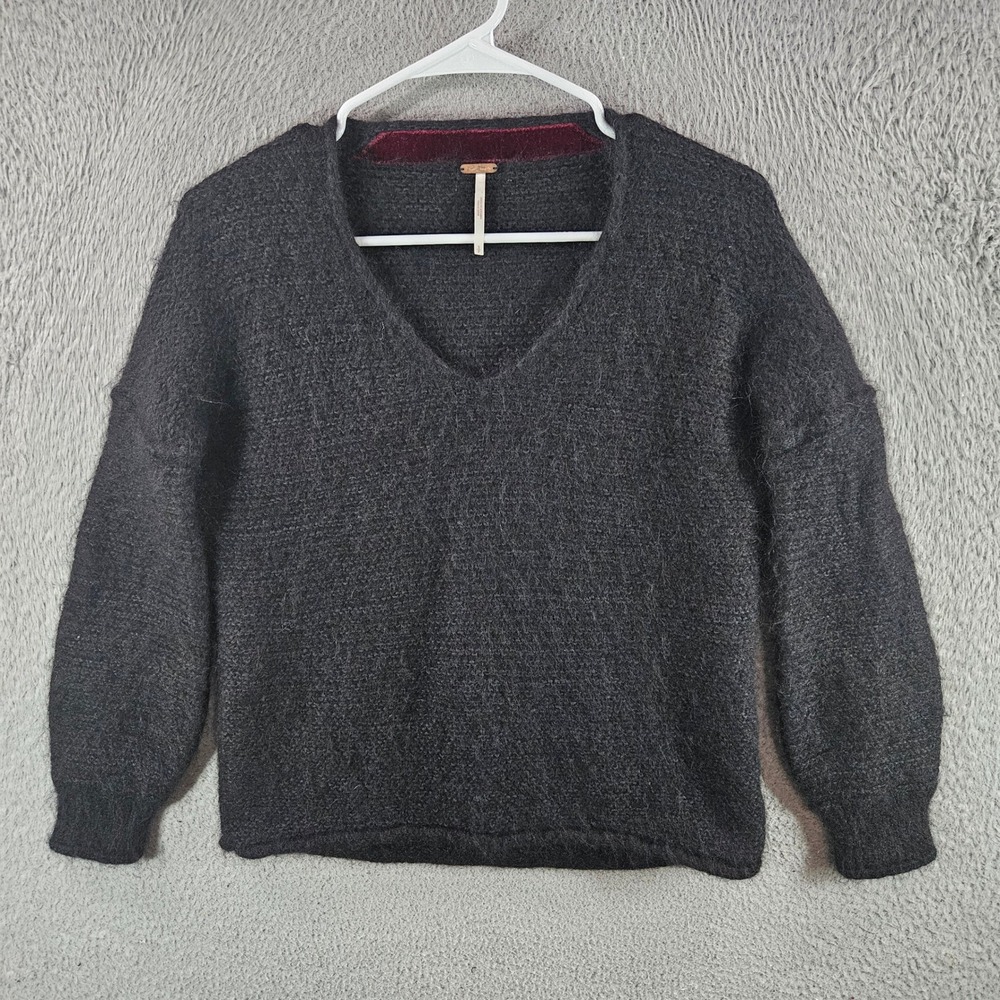 Free People Women Charcoal‎ Gray Alpaca Blend V-Neck Fuzzy Knit Sweater Small